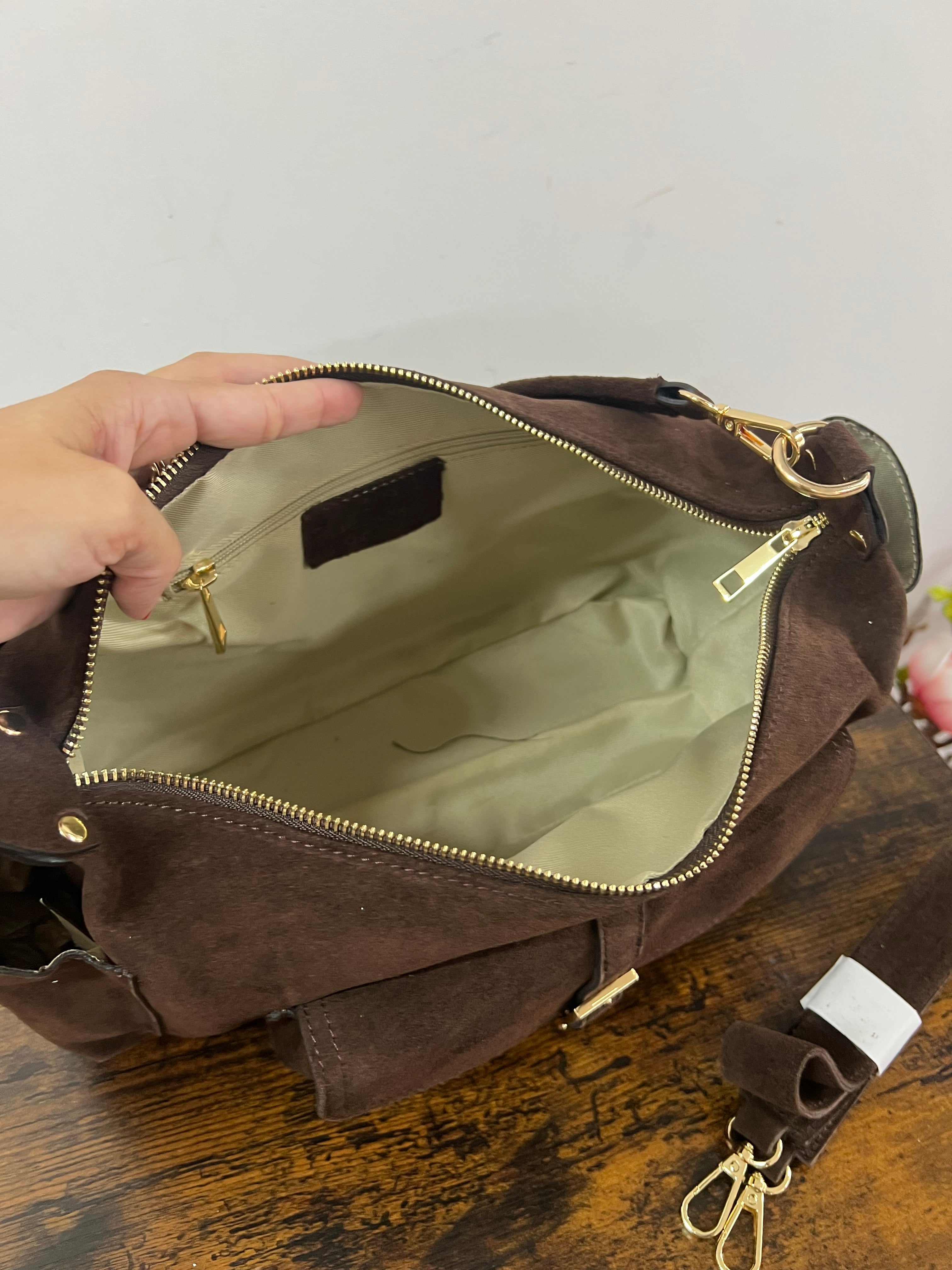 Mega baguette real leather dark brown suede