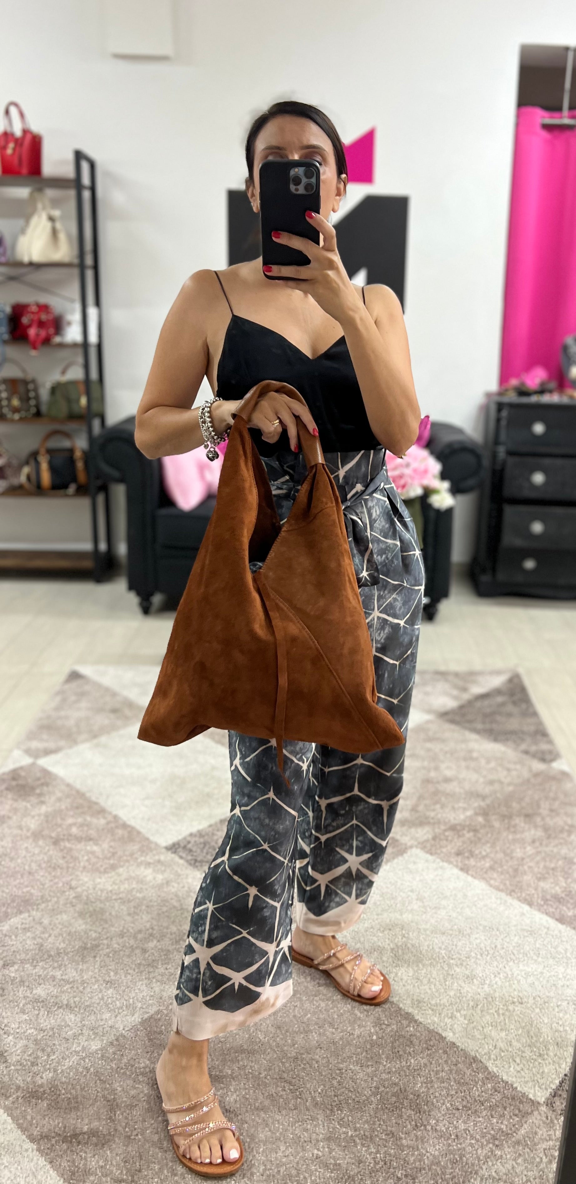 Dark leather suede shopper with Michela