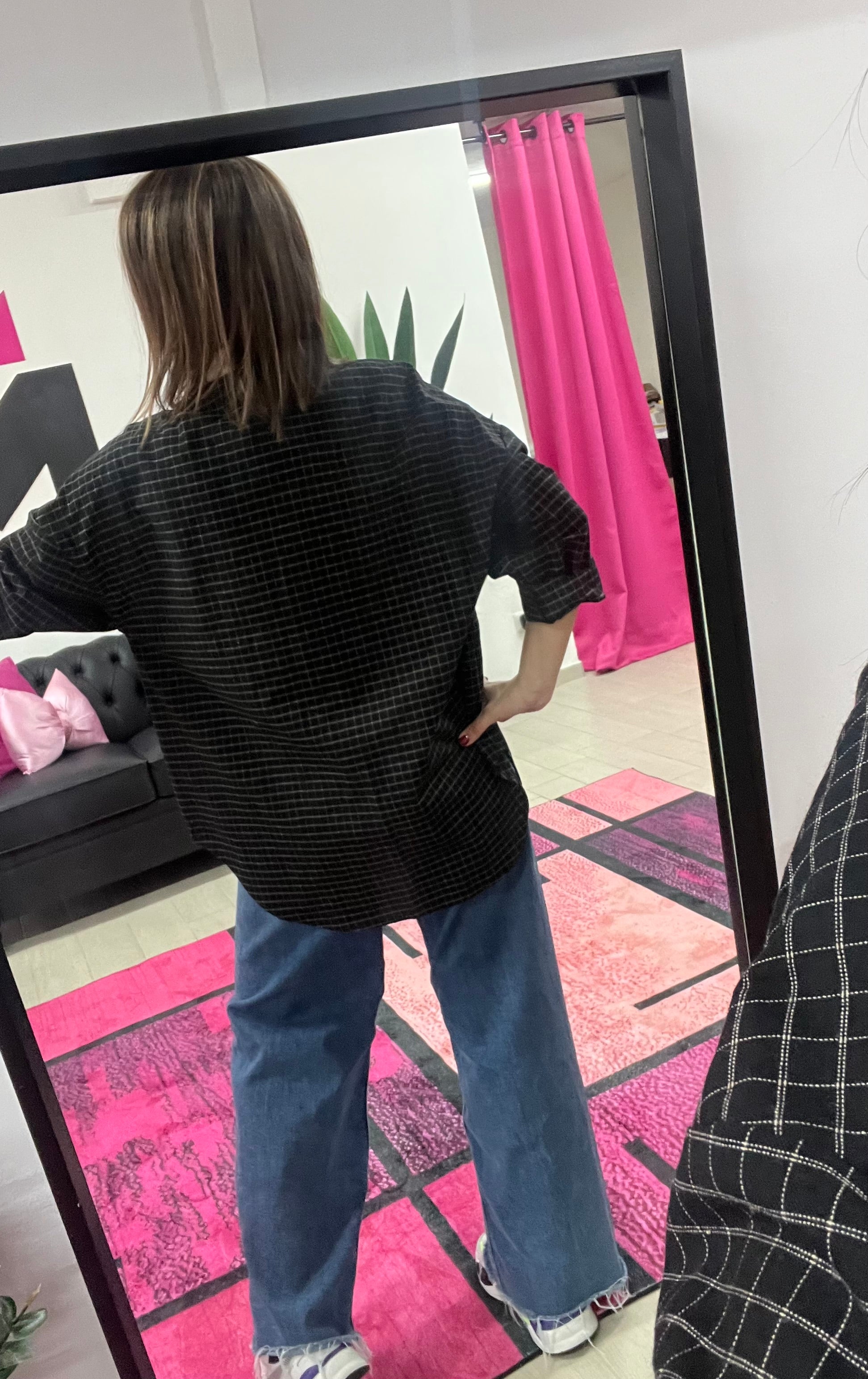 Oversized black and cream plaid scarf shirt