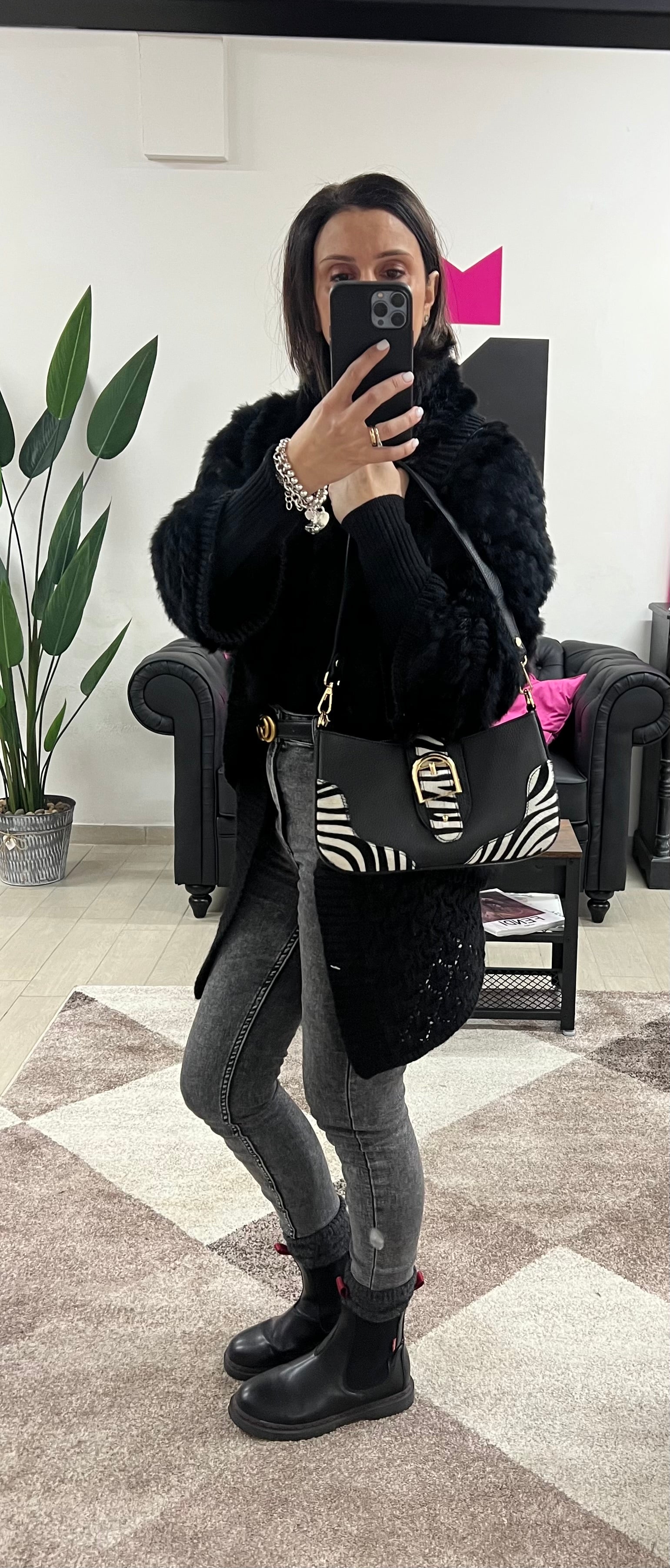 White and black zebra print horse-shaped baguette bag
