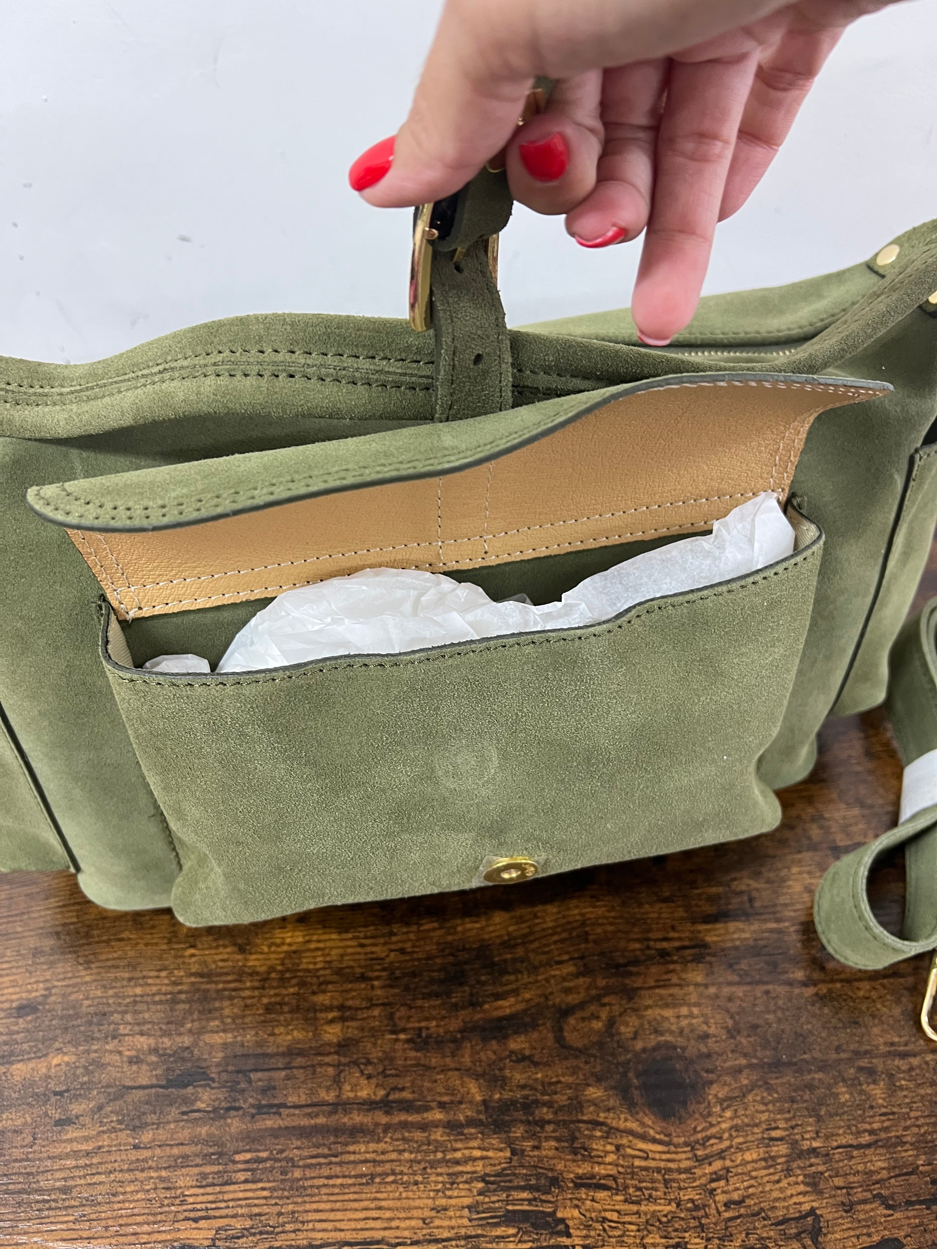 Mega baguette real leather military green suede
