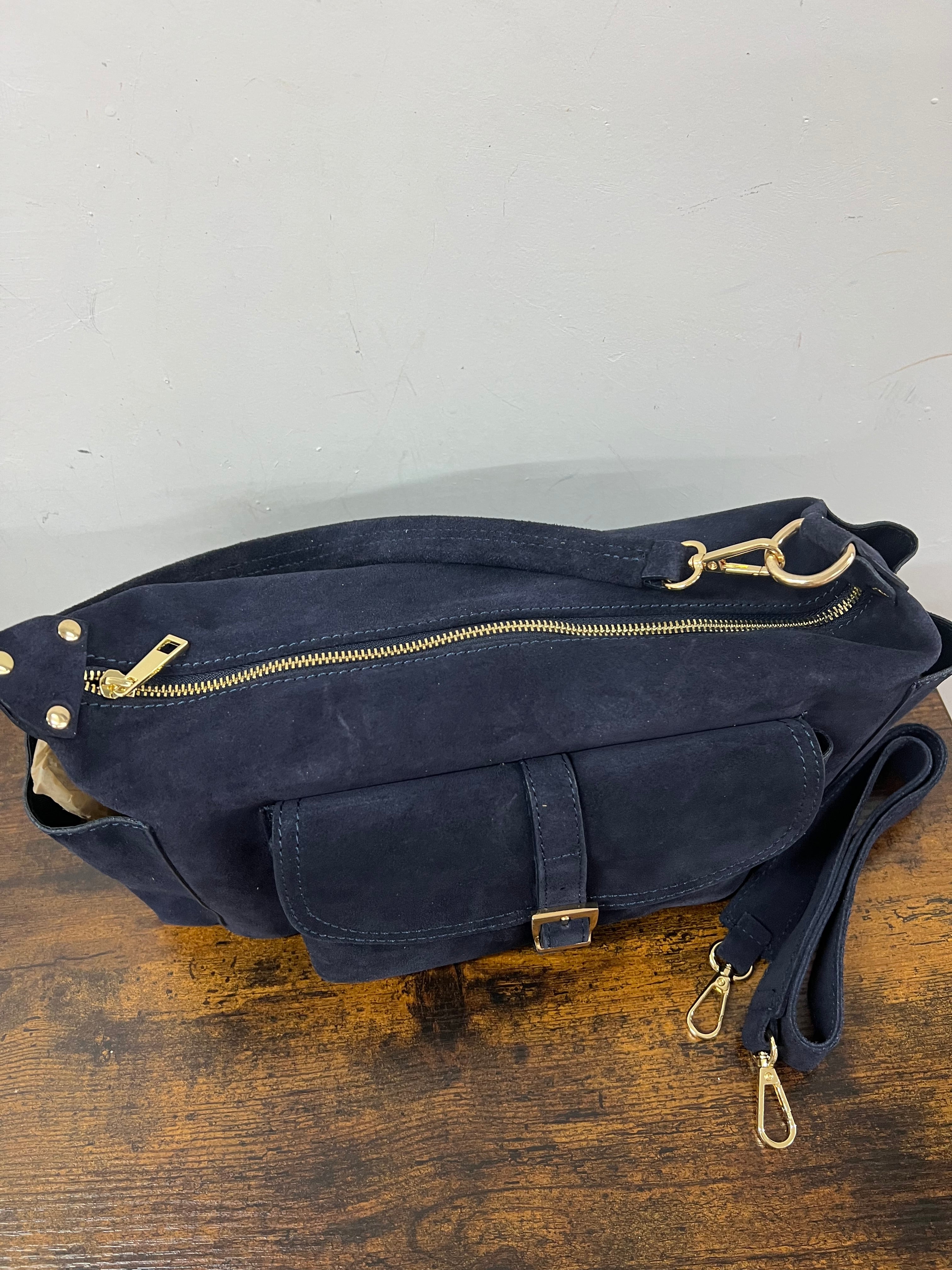 Mega baguette vera pelle suede blu navy