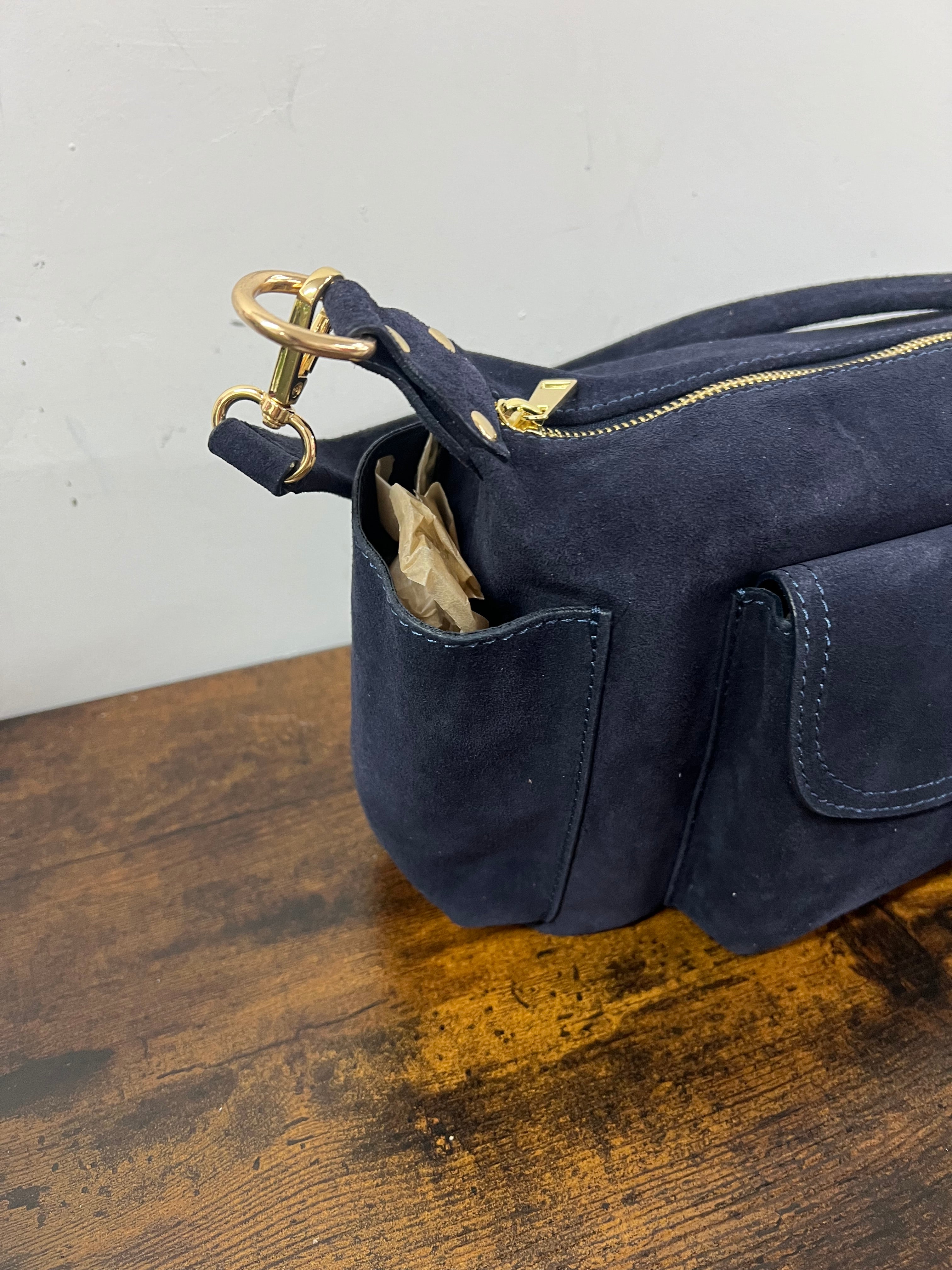 Mega baguette vera pelle suede blu navy