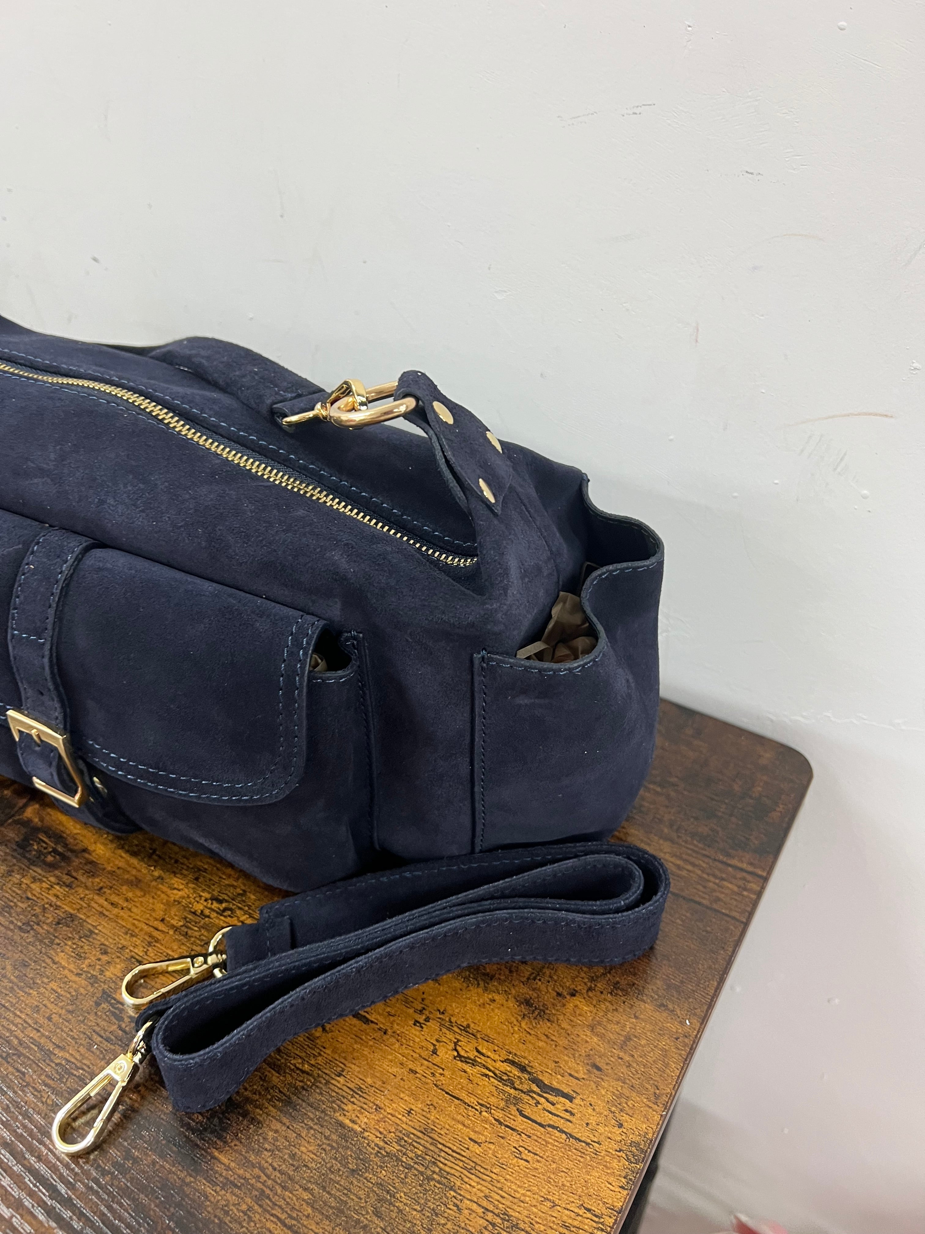 Mega baguette vera pelle suede blu navy