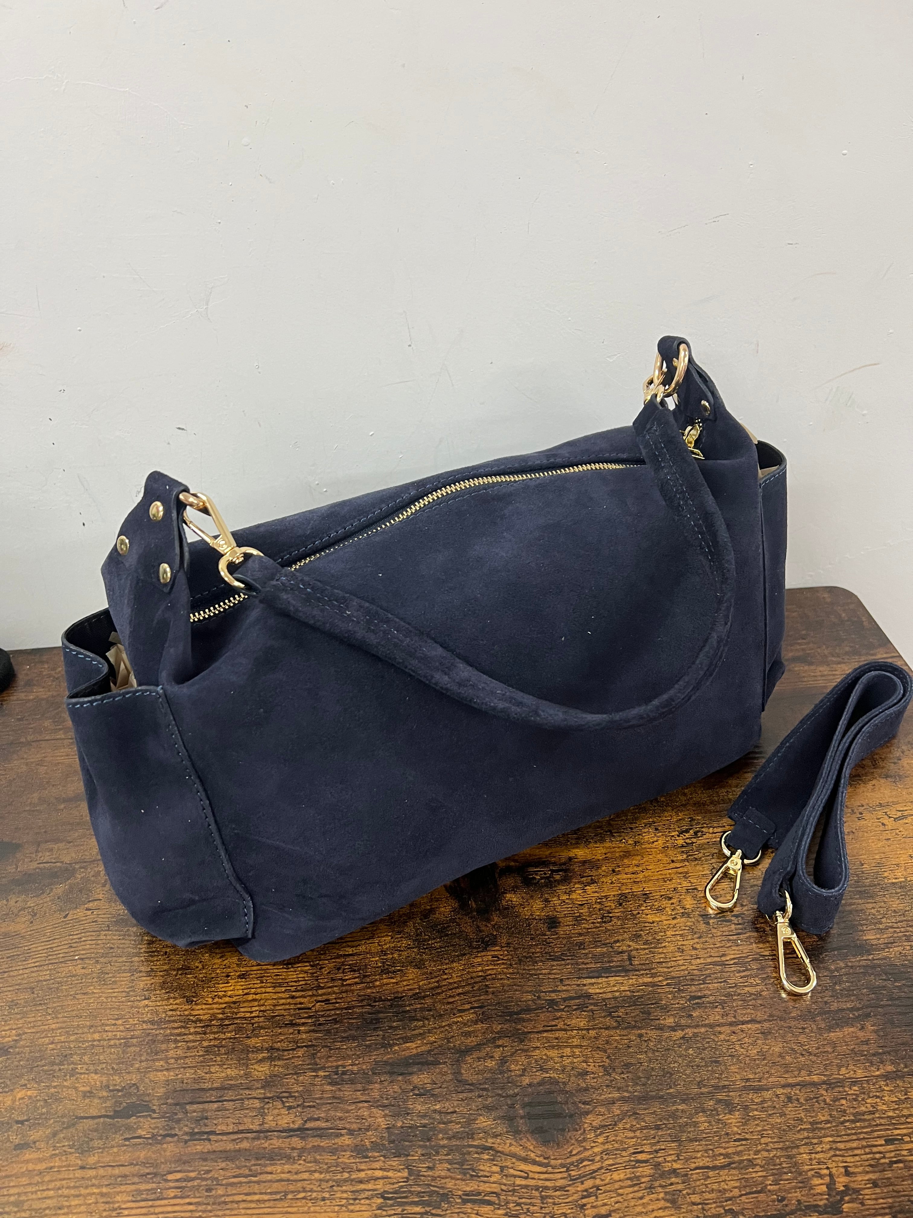 Mega baguette vera pelle suede blu navy