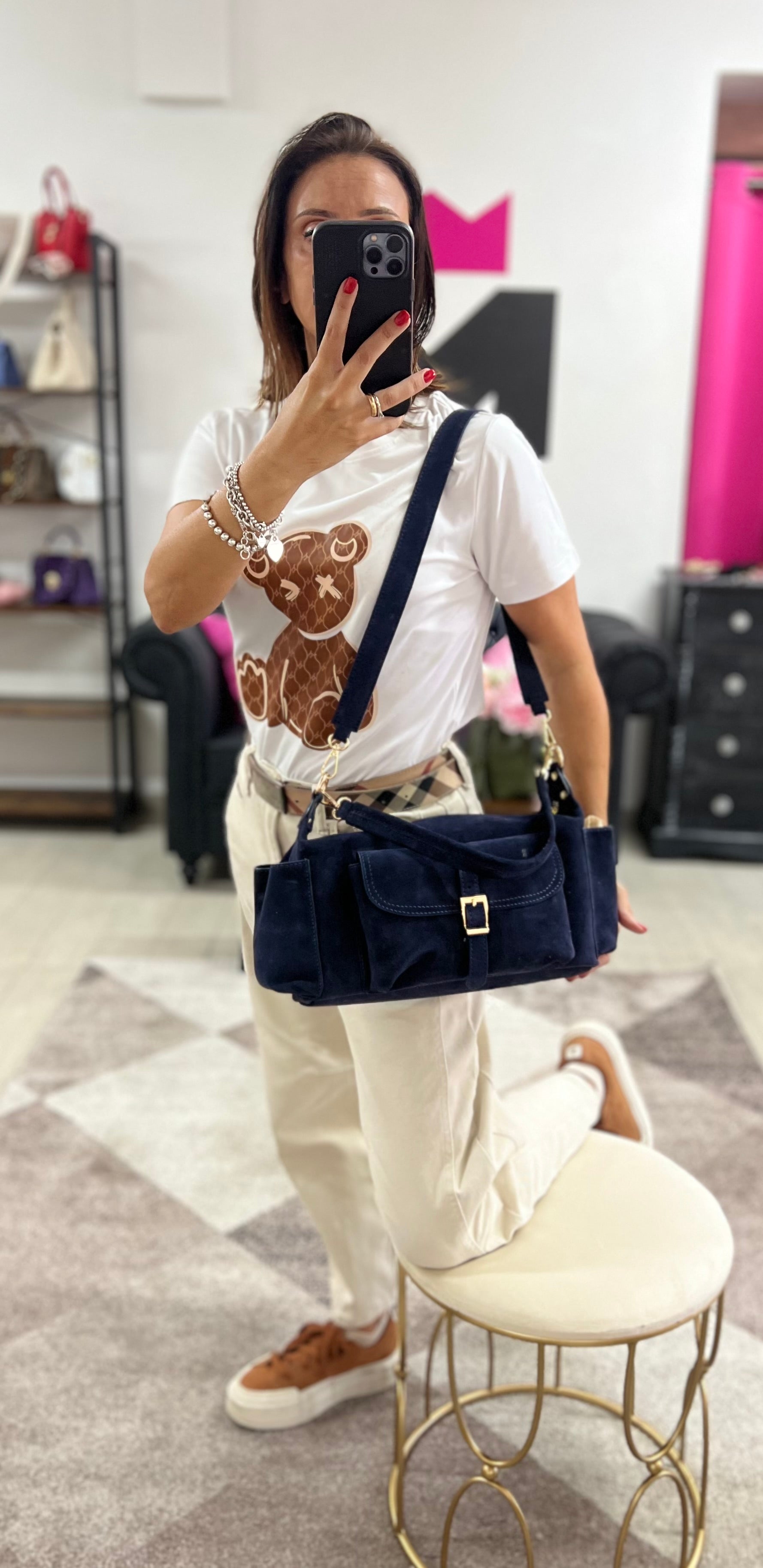 Mega baguette vera pelle suede blu navy