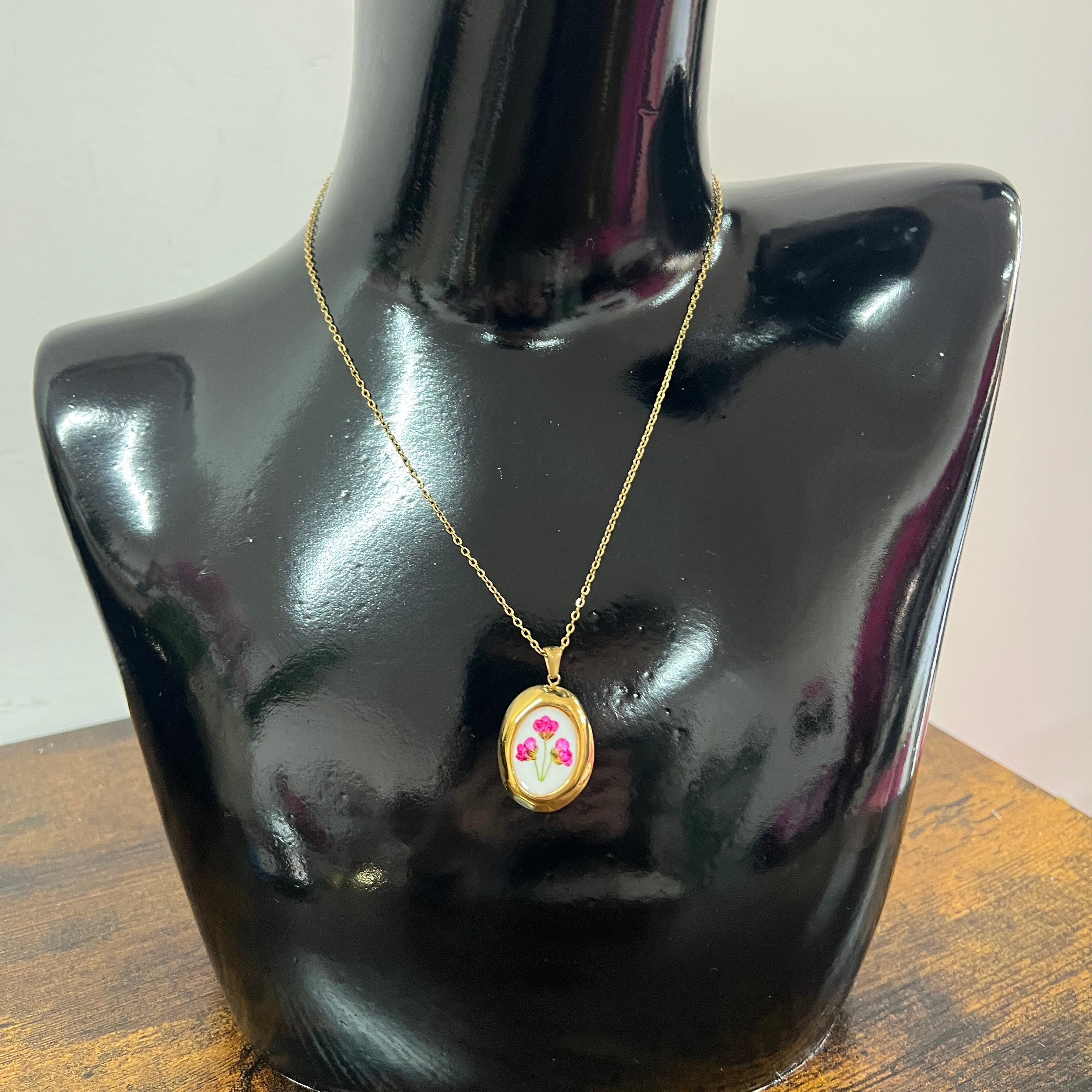 Necklace, enamel fuchsia flowers medal