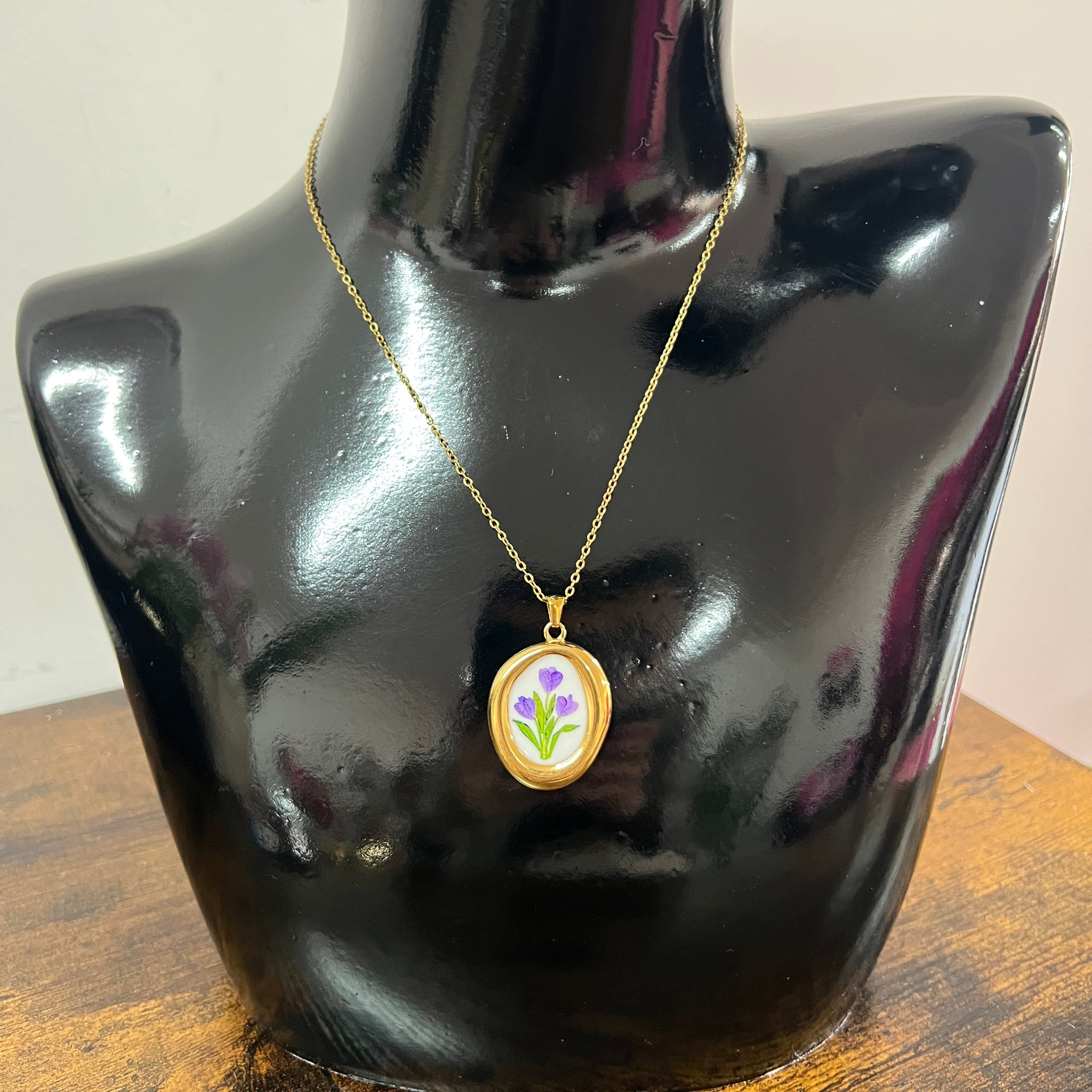 Lilac enamel flower medallion necklace