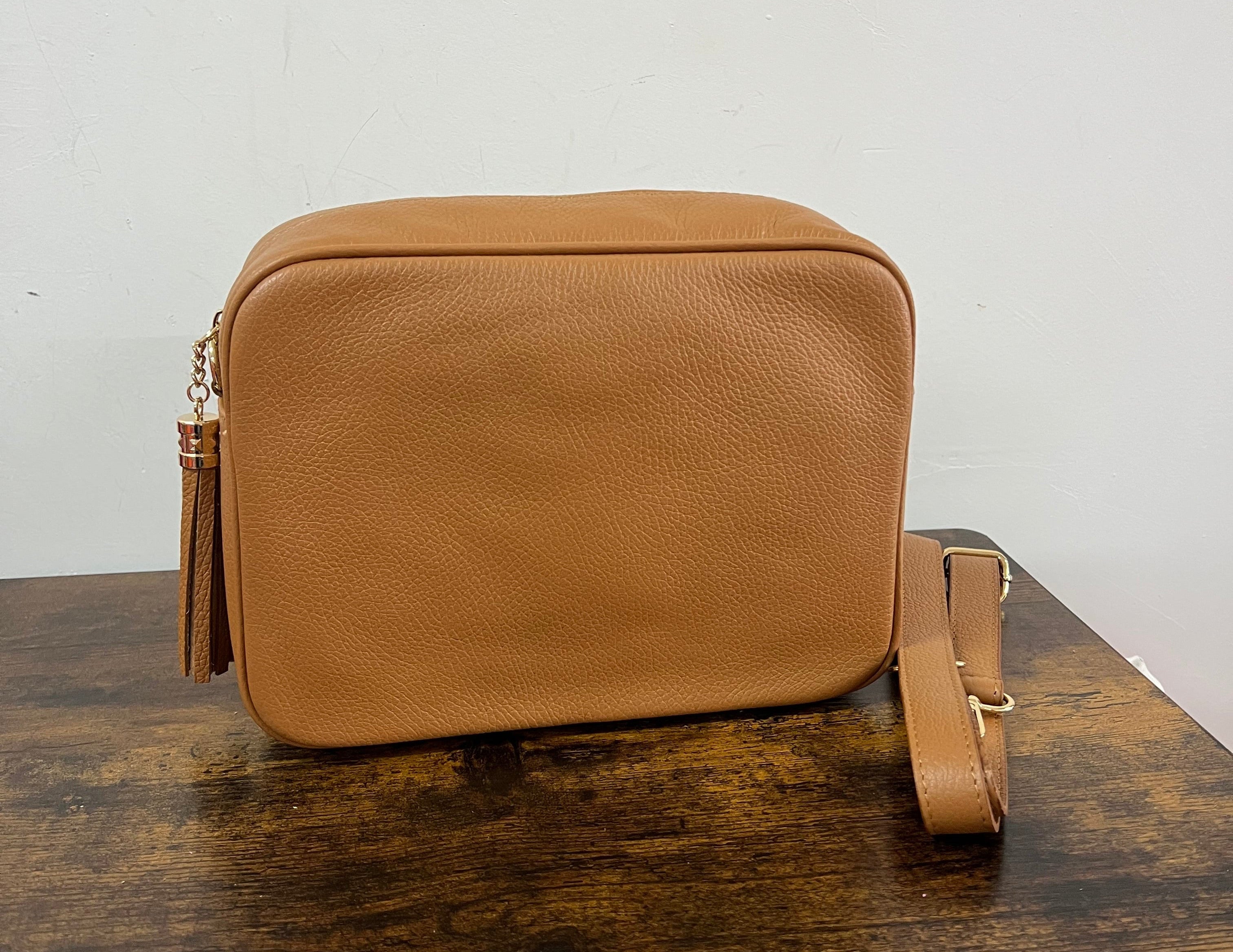 Light brown leather camera bag