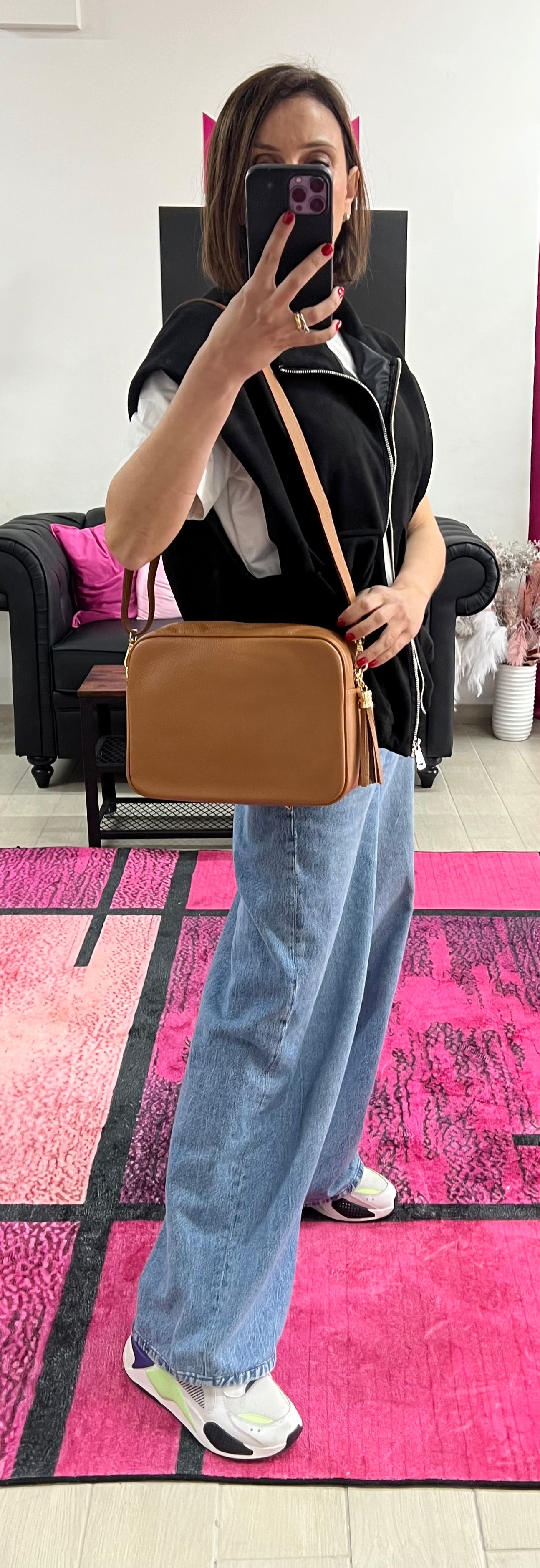 Light brown leather camera bag