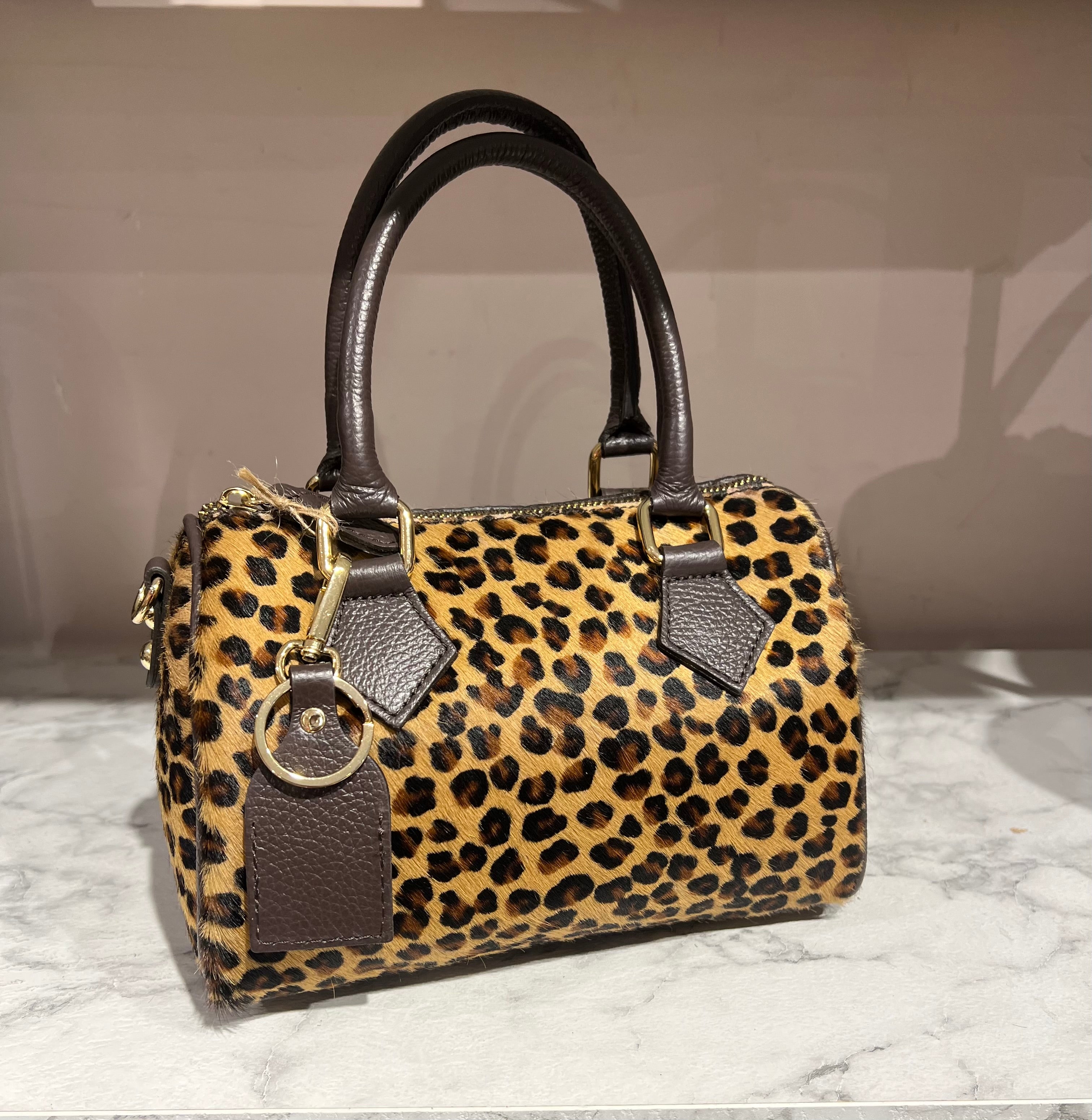 Mini leopard print horsehide top-handle bag