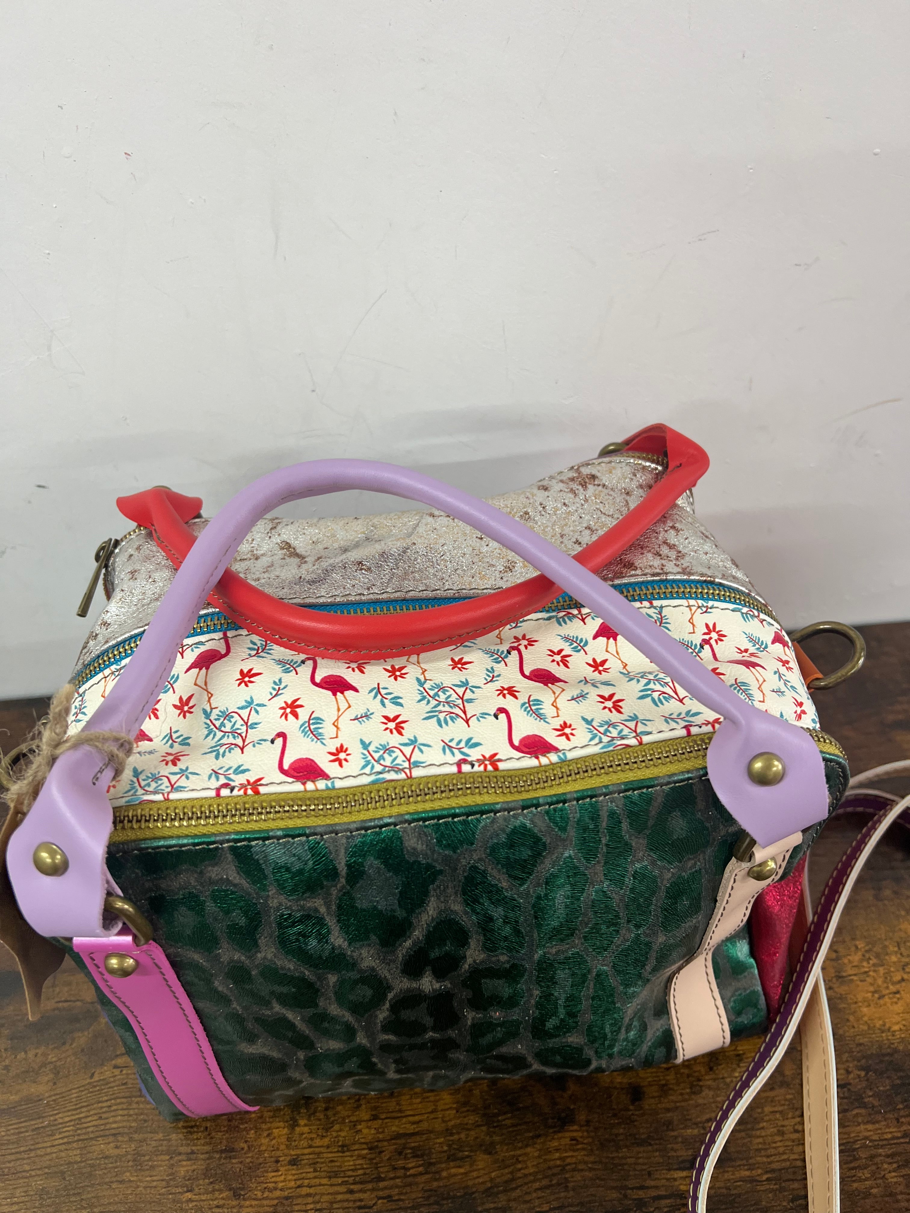 Square country-style patchwork in fiery red and pale purple