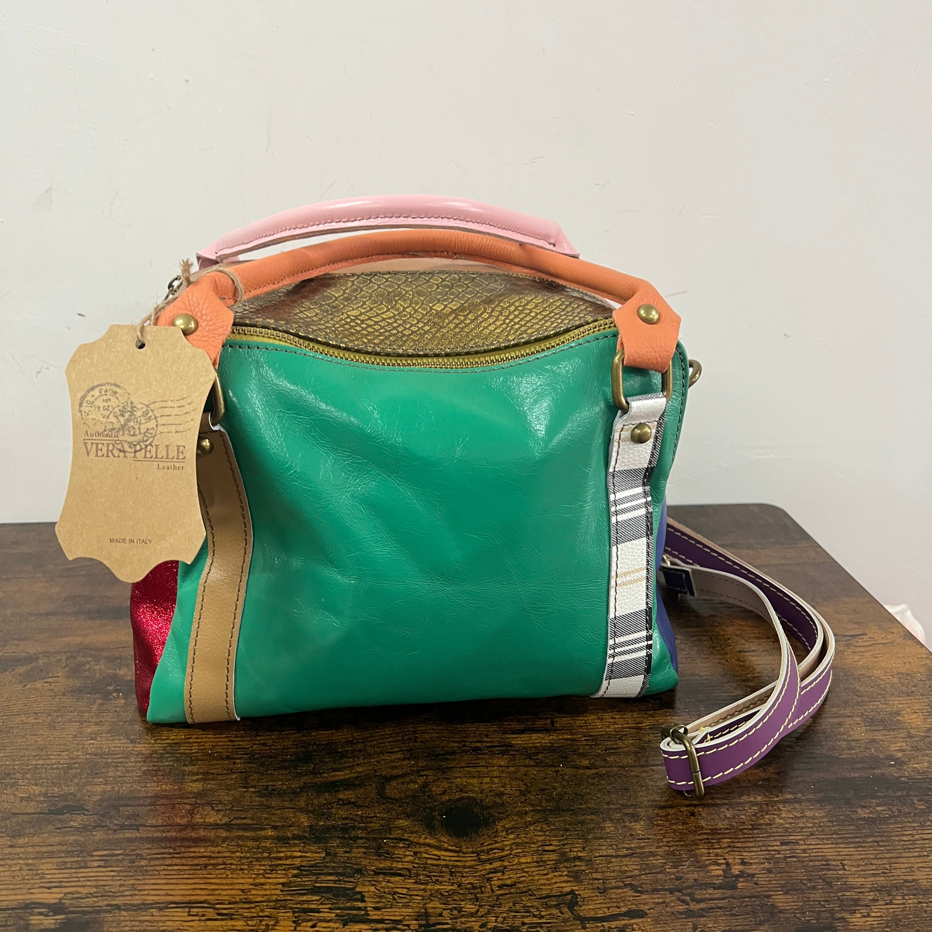 Country quadrotta patchwork verde acqua e cuoio