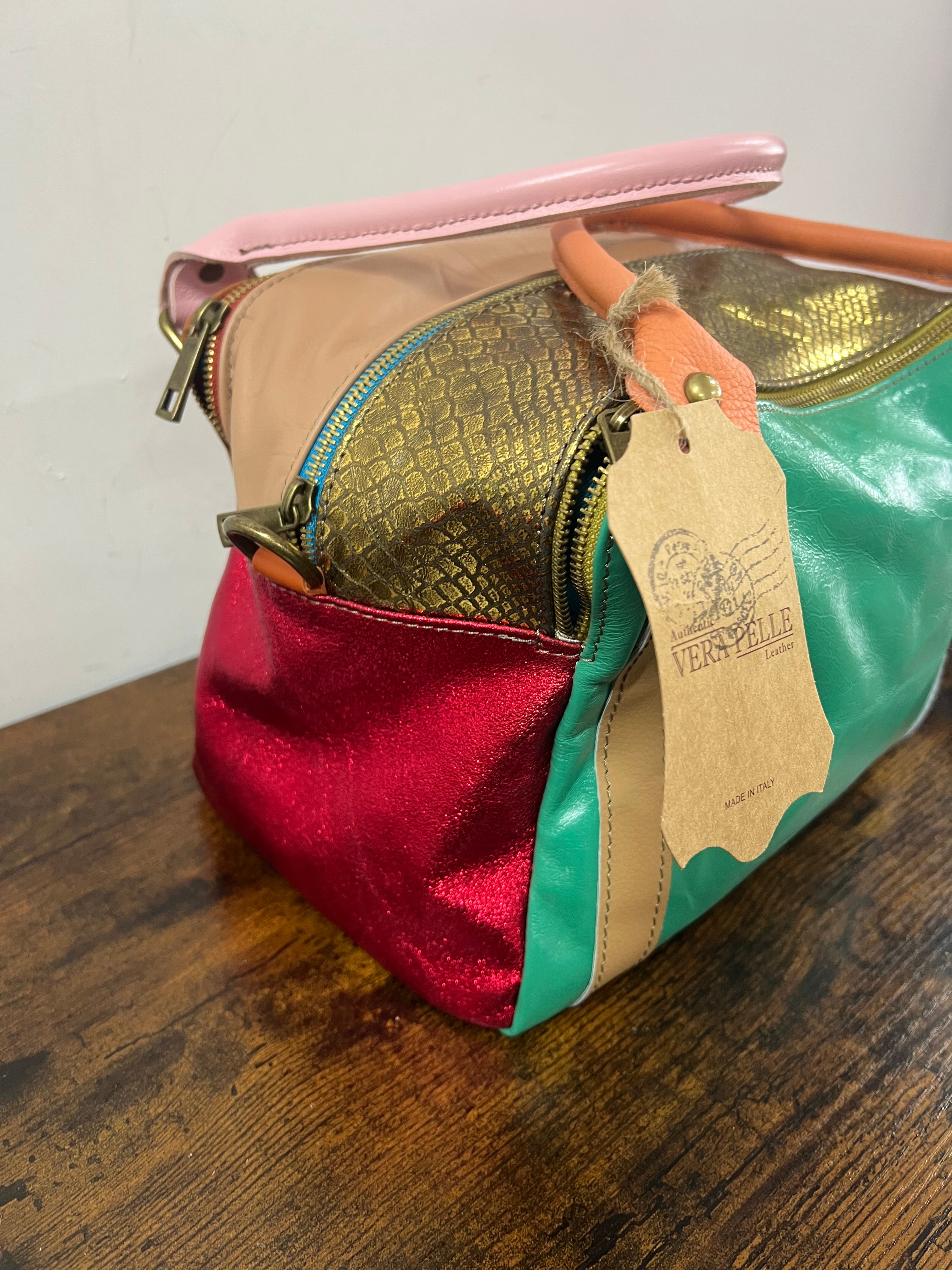 Country quadrotta patchwork verde acqua e cuoio