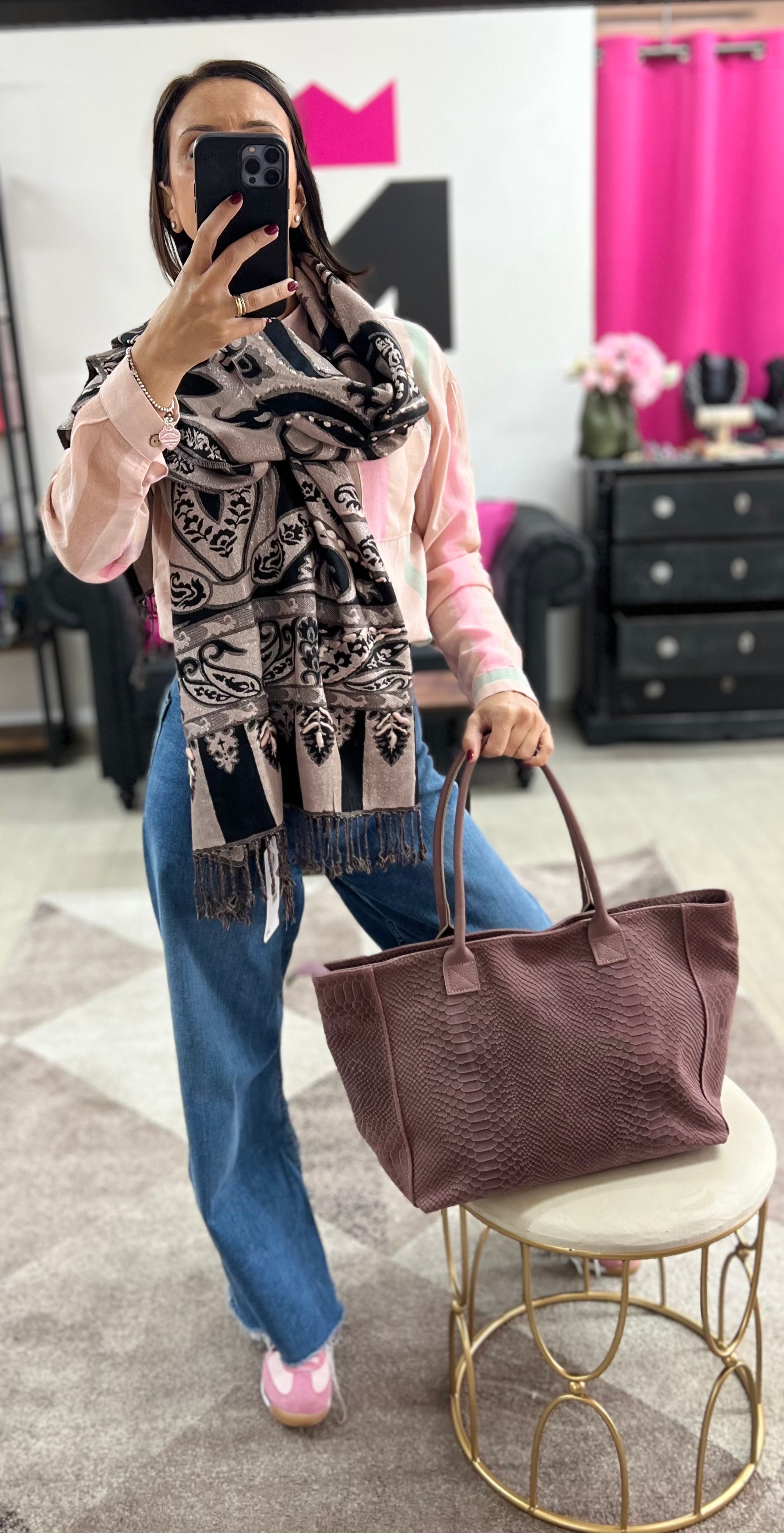 Tote bag cocco rosa antico e pashmina jacquard