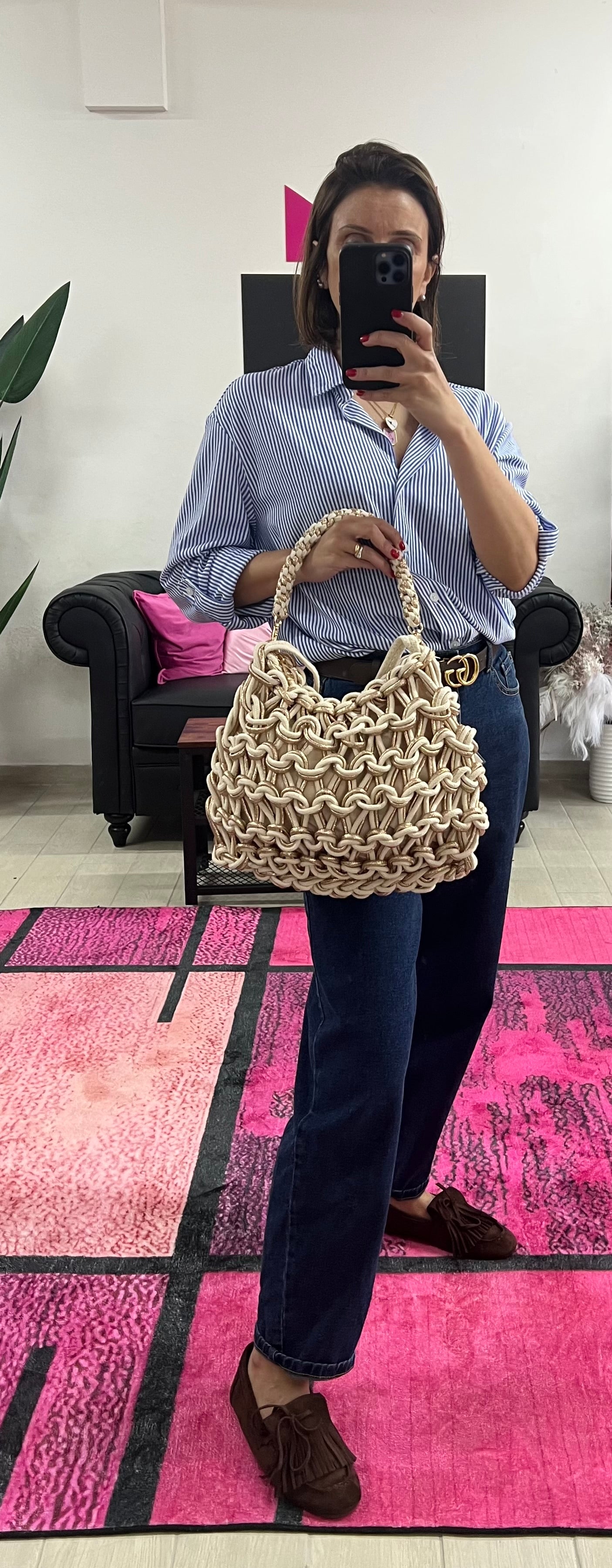 Shopper corda intrecciata panna e oro