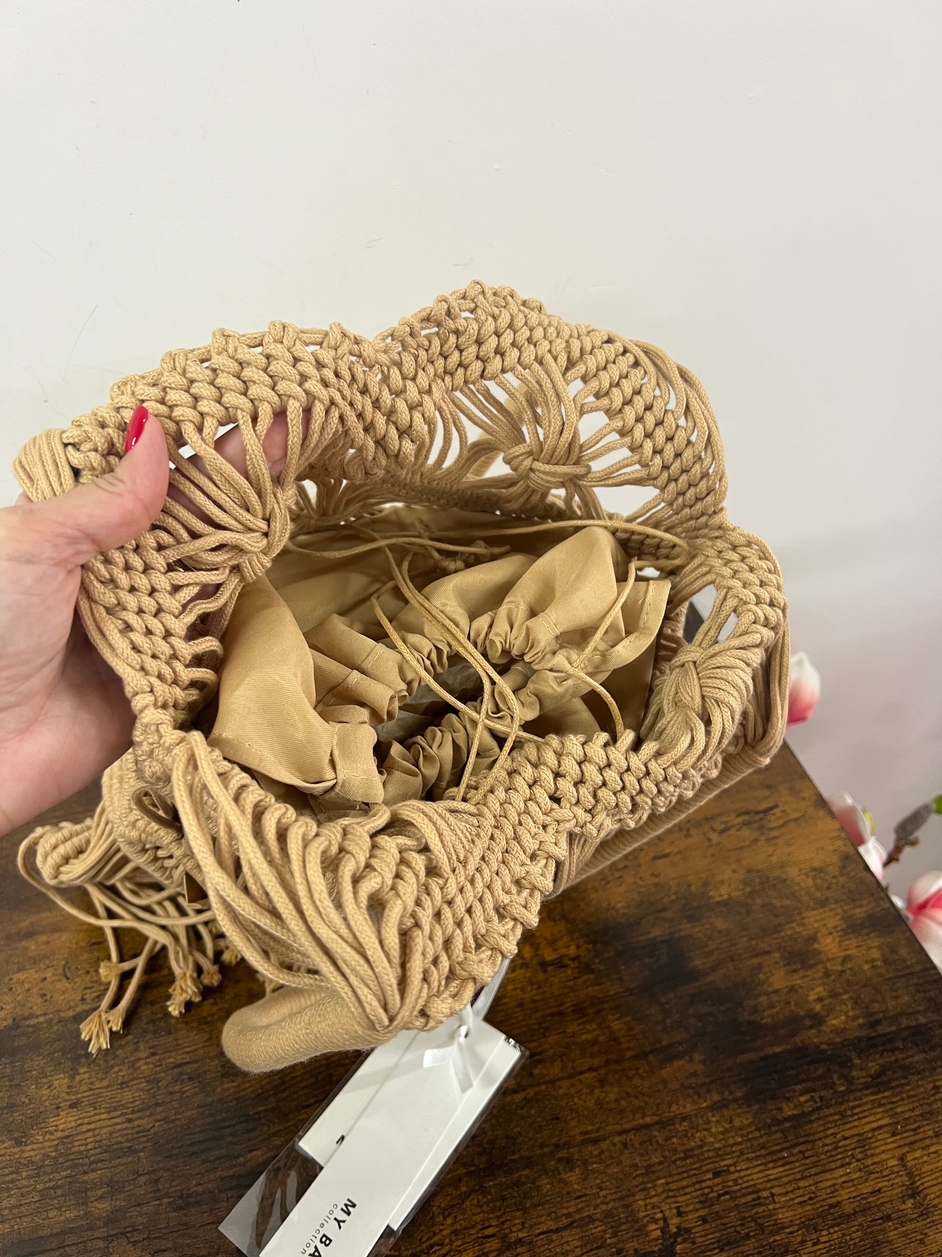 Sacca corda intrecciata cammello frange