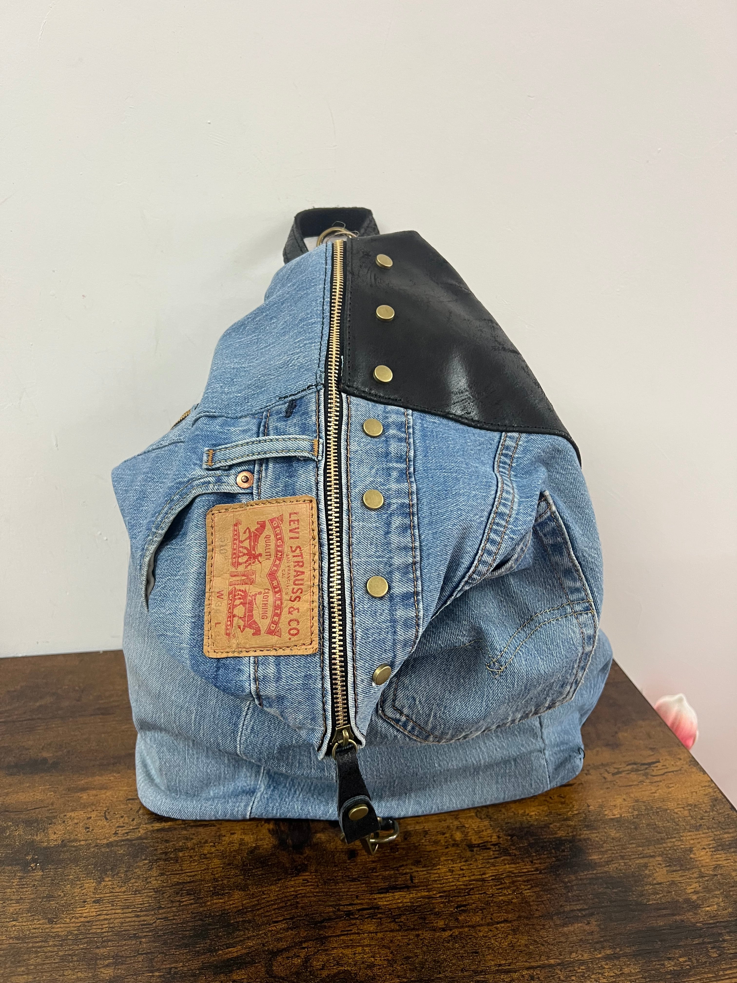 Zaino denim e pelle nero