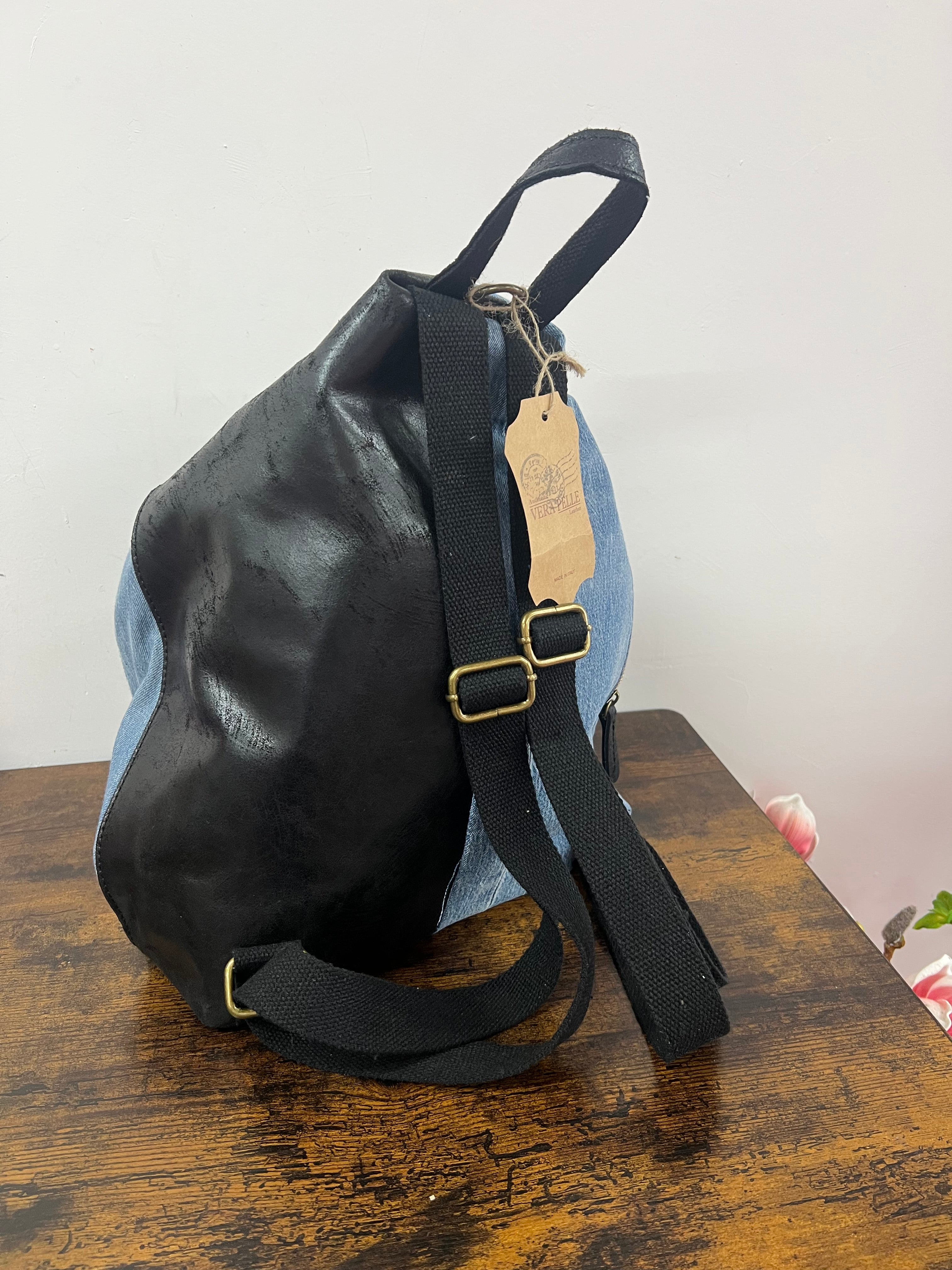 Zaino denim e pelle nero