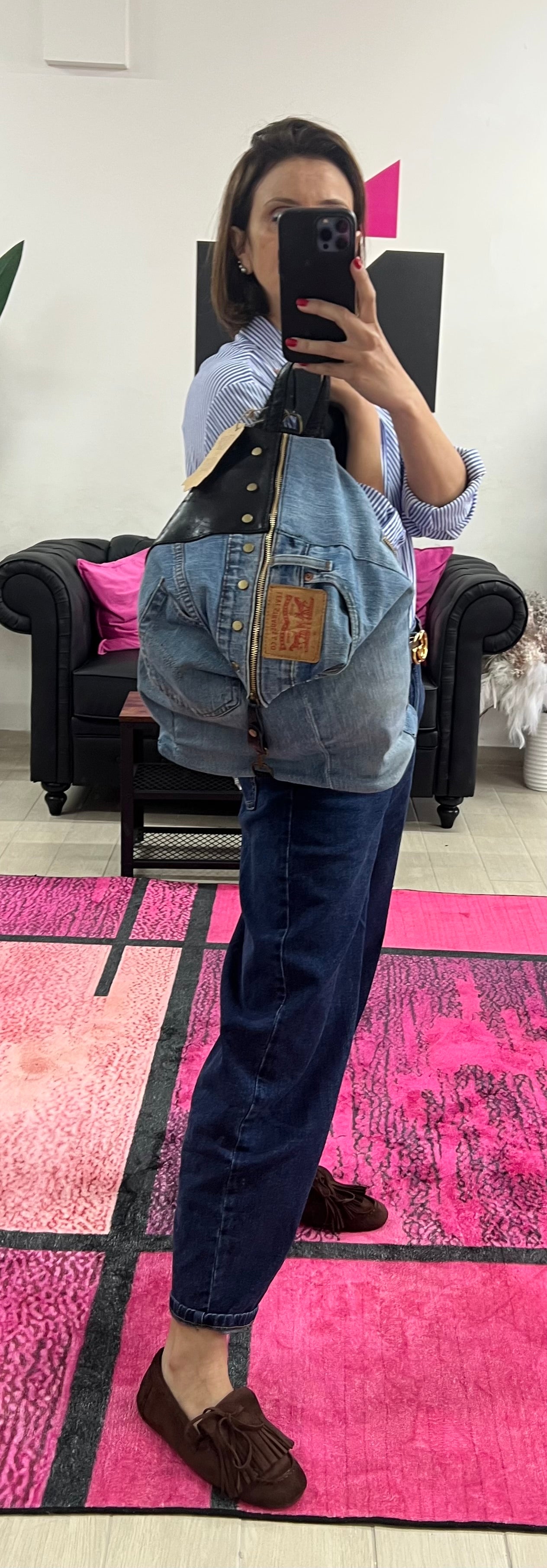 Zaino denim e pelle nero