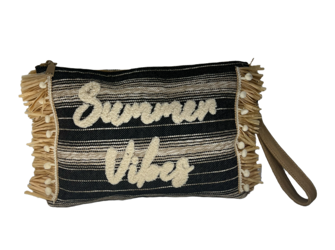 Pochette tessuto e rafia summer vibes grigio