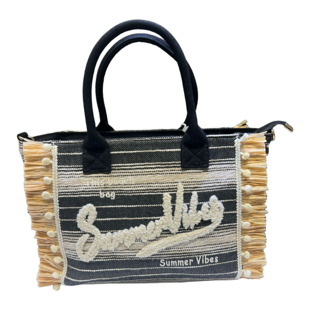 Shopper tessuto e rafia summer vibes nero